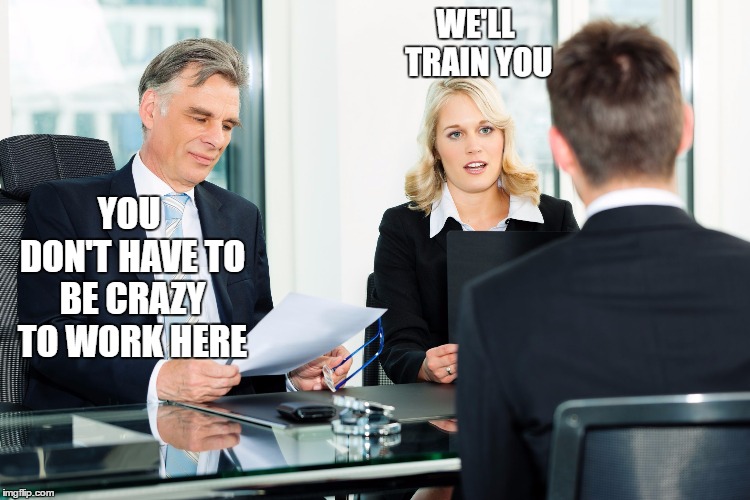 job interview | WE'LL TRAIN YOU; YOU DON'T HAVE TO BE CRAZY TO WORK HERE | image tagged in job interview,random,work,the office | made w/ Imgflip meme maker