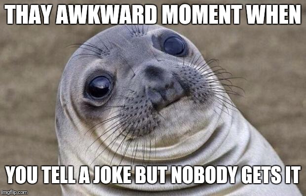 More awkwardness?More awkwardness. | THAY AWKWARD MOMENT WHEN; YOU TELL A JOKE BUT NOBODY GETS IT | image tagged in memes,awkward moment sealion | made w/ Imgflip meme maker