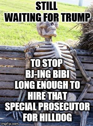Waiting Skeleton Meme | STILL WAITING FOR TRUMP TO STOP BJ-ING BIBI LONG ENOUGH TO HIRE THAT SPECIAL PROSECUTOR FOR HILLDOG | image tagged in memes,waiting skeleton | made w/ Imgflip meme maker