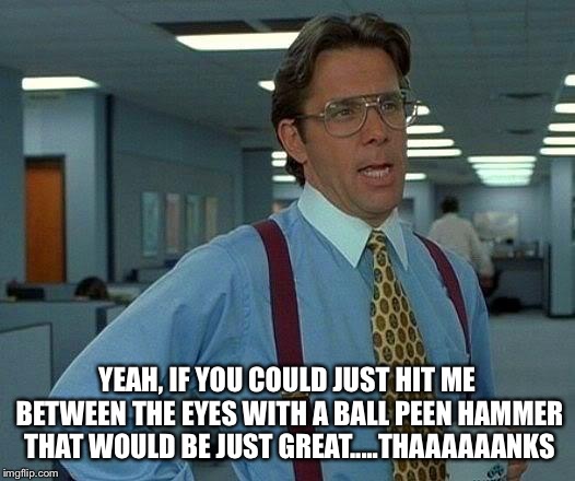 That Would Be Great Meme | YEAH, IF YOU COULD JUST HIT ME BETWEEN THE EYES WITH A BALL PEEN HAMMER THAT WOULD BE JUST GREAT.....THAAAAAANKS | image tagged in memes,that would be great | made w/ Imgflip meme maker