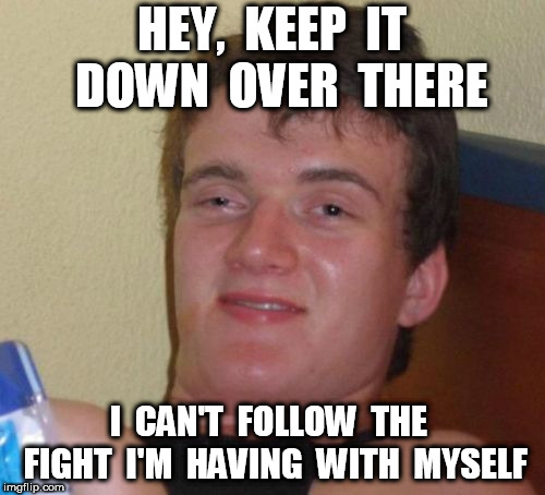 10 Guy Meme | HEY,  KEEP  IT  DOWN  OVER  THERE I  CAN'T  FOLLOW  THE  FIGHT  I'M  HAVING  WITH  MYSELF | image tagged in memes,10 guy | made w/ Imgflip meme maker
