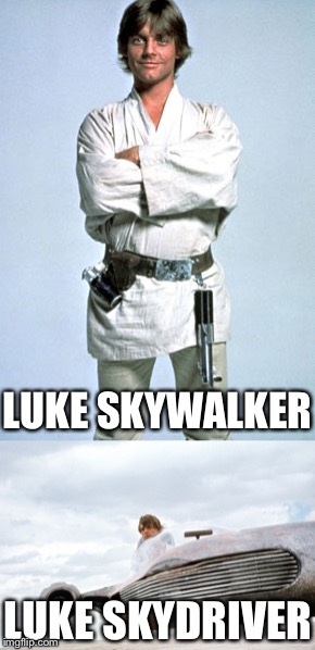 LUKE SKYWALKER; LUKE SKYDRIVER | image tagged in luke skywalker,puns,names | made w/ Imgflip meme maker