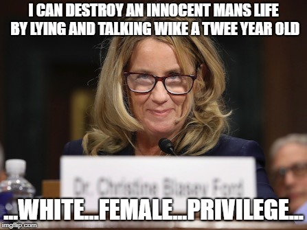 I CAN DESTROY AN INNOCENT MANS LIFE BY LYING AND TALKING WIKE A TWEE YEAR OLD; ...WHITE...FEMALE...PRIVILEGE... | image tagged in christine blasey ford,blasy,blasey,ford,kavanaugh,brett kavanaugh | made w/ Imgflip meme maker