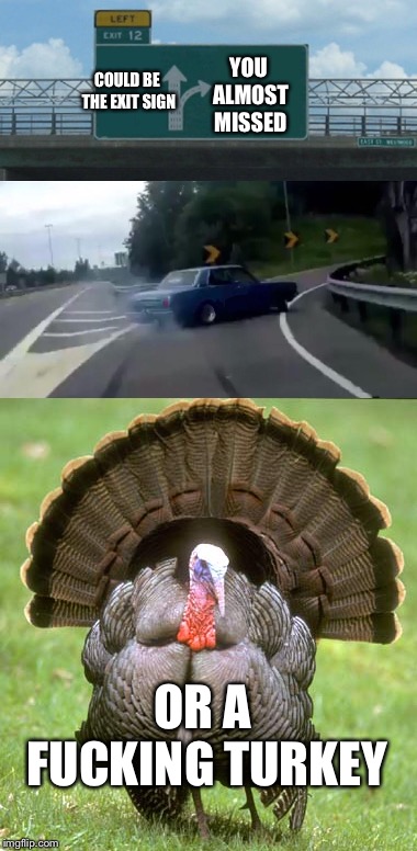 COULD BE THE EXIT SIGN YOU ALMOST MISSED OR A F**KING TURKEY | made w/ Imgflip meme maker