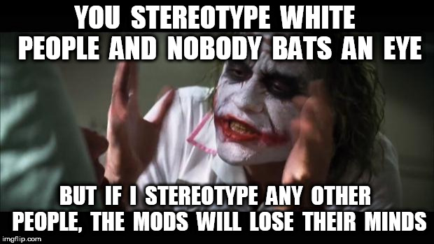And everybody loses their minds Meme | YOU  STEREOTYPE  WHITE  PEOPLE  AND  NOBODY  BATS  AN  EYE BUT  IF  I  STEREOTYPE  ANY  OTHER  PEOPLE,  THE  MODS  WILL  LOSE  THEIR  MINDS | image tagged in memes,and everybody loses their minds | made w/ Imgflip meme maker