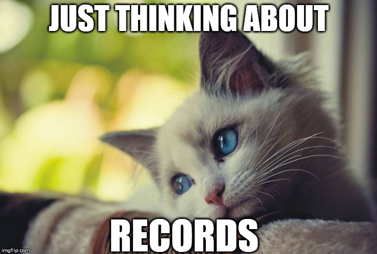 Thinking about Records  | JUST THINKING ABOUT; RECORDS | image tagged in lonely cat,records,vinyl,record show | made w/ Imgflip meme maker