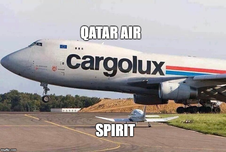Little Airplane waiting on big airplane | QATAR AIR; SPIRIT | image tagged in little airplane waiting on big airplane | made w/ Imgflip meme maker