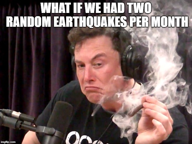 Elon Musk Weed | WHAT IF WE HAD TWO RANDOM EARTHQUAKES PER MONTH | image tagged in elon musk weed | made w/ Imgflip meme maker