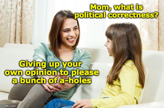 Mother daughter conversation | Mom, what is political correctness? Giving up your own opinion to please a bunch of a-holes | image tagged in mother daughter conversation,pc,assholes,FreeKarma4U | made w/ Imgflip meme maker