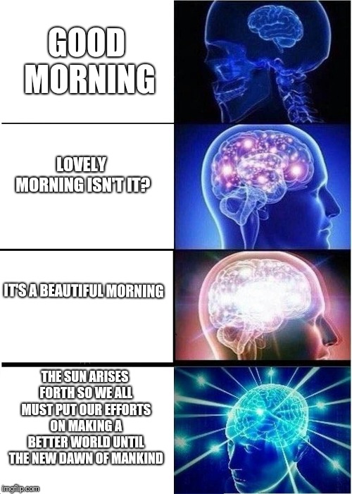 Expanding Brain | GOOD MORNING; LOVELY MORNING ISN'T IT? IT'S A BEAUTIFUL MORNING; THE SUN ARISES FORTH SO WE ALL MUST PUT OUR EFFORTS ON MAKING A BETTER WORLD UNTIL THE NEW DAWN OF MANKIND | image tagged in memes,expanding brain | made w/ Imgflip meme maker