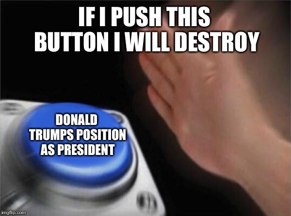 Blank Nut Button | IF I PUSH THIS BUTTON I WILL DESTROY; DONALD TRUMPS POSITION AS PRESIDENT | image tagged in memes,blank nut button | made w/ Imgflip meme maker