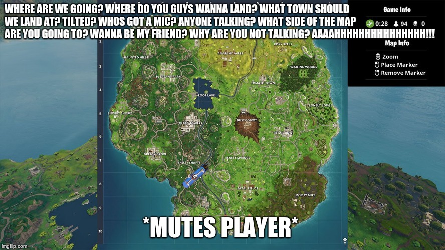 Playing Fortnite with children | WHERE ARE WE GOING? WHERE DO YOU GUYS WANNA LAND? WHAT TOWN SHOULD WE LAND AT? TILTED? WHOS GOT A MIC? ANYONE TALKING? WHAT SIDE OF THE MAP ARE YOU GOING TO? WANNA BE MY FRIEND? WHY ARE YOU NOT TALKING? AAAAHHHHHHHHHHHHHHH!!! *MUTES PLAYER* | image tagged in fortnite,fortnite meme,mute,ps4 | made w/ Imgflip meme maker