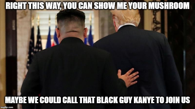 trump loves kim, 'that way' | RIGHT THIS WAY, YOU CAN SHOW ME YOUR MUSHROOM; MAYBE WE COULD CALL THAT BLACK GUY KANYE TO JOIN US | image tagged in memes,maga,trump,kim jong un,gay | made w/ Imgflip meme maker
