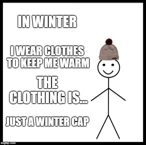 Winter... Clothes? | IN WINTER; I WEAR CLOTHES TO KEEP ME WARM; THE CLOTHING IS... JUST A WINTER CAP | image tagged in memes,be like bill | made w/ Imgflip meme maker