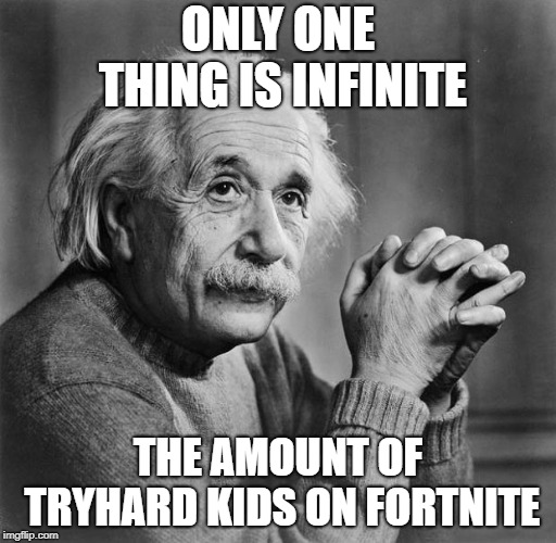 Einstein | ONLY ONE THING IS INFINITE; THE AMOUNT OF TRYHARD KIDS ON FORTNITE | image tagged in einstein | made w/ Imgflip meme maker