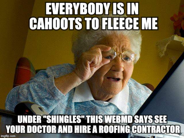 Grandma Finds The Internet Meme | EVERYBODY IS IN CAHOOTS TO FLEECE ME; UNDER "SHINGLES" THIS WEBMD SAYS SEE YOUR DOCTOR AND HIRE A ROOFING CONTRACTOR | image tagged in memes,grandma finds the internet | made w/ Imgflip meme maker