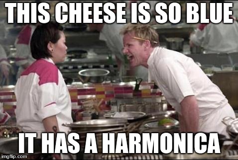The Blues Cheese | THIS CHEESE IS SO BLUE; IT HAS A HARMONICA | image tagged in memes,angry chef gordon ramsay,funny,cheese,music,blue | made w/ Imgflip meme maker