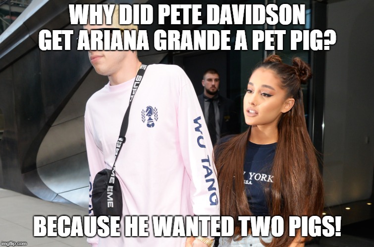 Why did Pete Davidson get Ariana Grande A Pet Pig? | WHY DID PETE DAVIDSON GET ARIANA GRANDE A PET PIG? BECAUSE HE WANTED TWO PIGS! | image tagged in arana,grande,pig,davidson | made w/ Imgflip meme maker