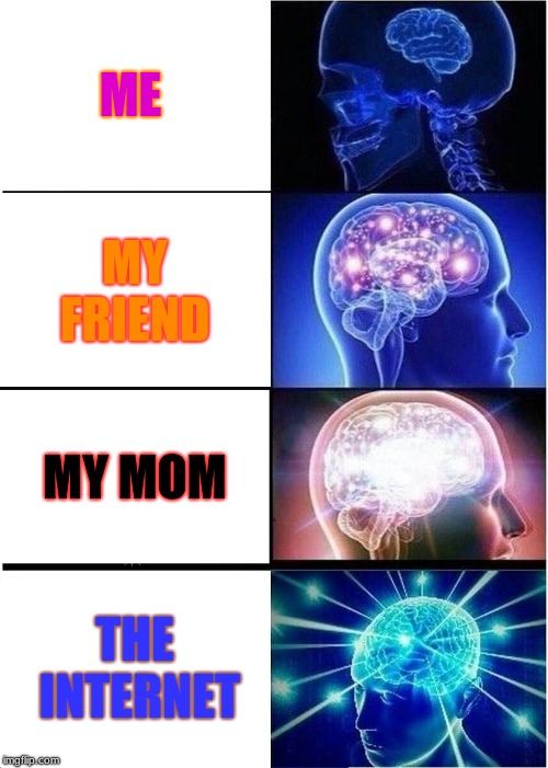 Expanding Brain | ME; MY FRIEND; MY MOM; THE INTERNET | image tagged in memes,expanding brain | made w/ Imgflip meme maker