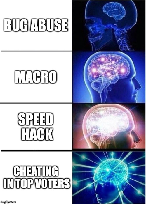 Expanding Brain Meme | BUG ABUSE; MACRO; SPEED HACK; CHEATING IN TOP VOTERS | image tagged in memes,expanding brain | made w/ Imgflip meme maker