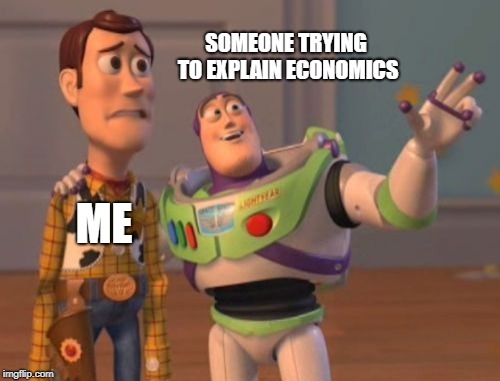 Trying to Explain Economics | SOMEONE TRYING TO EXPLAIN ECONOMICS; ME | image tagged in x x everywhere,economics,buzz and woody,toy story | made w/ Imgflip meme maker