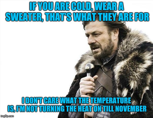 Brace Yourselves X is Coming | IF YOU ARE COLD, WEAR A SWEATER, THAT'S WHAT THEY ARE FOR; I DON'T CARE WHAT THE TEMPERATURE IS, I'M NOT TURNING THE HEAT ON TILL NOVEMBER | image tagged in memes,brace yourselves x is coming | made w/ Imgflip meme maker