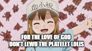 Stop The Lewding | FOR THE LOVE OF GOD DON'T LEWD THE PLATELET LOLIS | image tagged in anime girl,loli | made w/ Imgflip meme maker