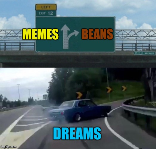 Left Exit 12 Off Ramp Meme | MEMES; BEANS; DREAMS | image tagged in memes,left exit 12 off ramp | made w/ Imgflip meme maker