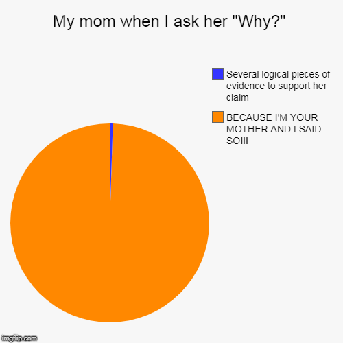 That's hardly a valid reason, but OK, Mom. Please don't hit me. | My mom when I ask her "Why?" | BECAUSE I'M YOUR MOTHER AND I SAID SO!!!, Several logical pieces of evidence to support her claim | image tagged in funny,pie charts,mom,mother | made w/ Imgflip chart maker