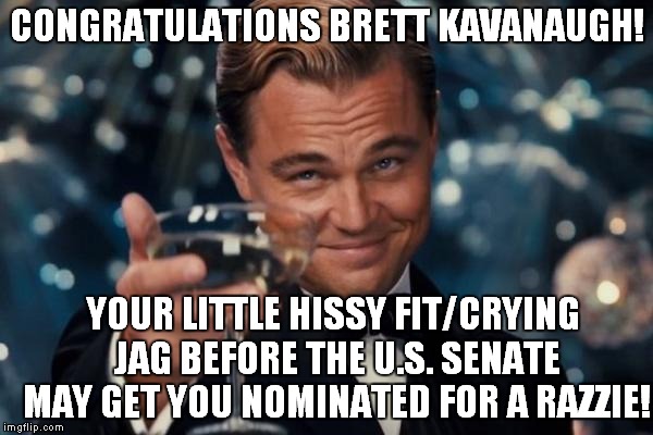 Brett Kavanaugh: Nominated For The SCOTUS By The SCROTUS! | CONGRATULATIONS BRETT KAVANAUGH! YOUR LITTLE HISSY FIT/CRYING JAG BEFORE THE U.S. SENATE MAY GET YOU NOMINATED FOR A RAZZIE! | image tagged in memes,leonardo dicaprio cheers,brett kavanaugh | made w/ Imgflip meme maker
