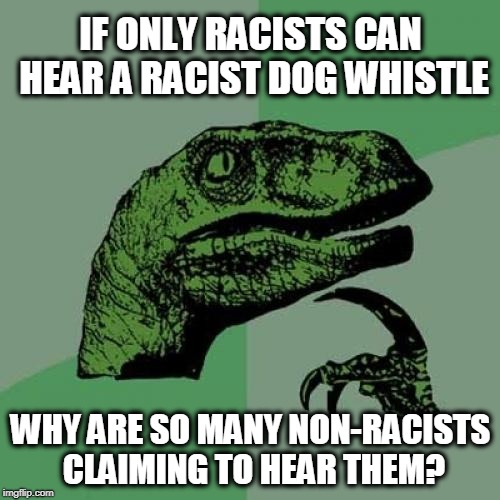 Takes One to Know One | IF ONLY RACISTS CAN HEAR A RACIST DOG WHISTLE; WHY ARE SO MANY NON-RACISTS CLAIMING TO HEAR THEM? | image tagged in memes,philosoraptor | made w/ Imgflip meme maker