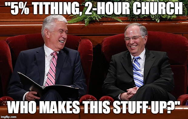 "5% TITHING, 2-HOUR CHURCH; WHO MAKES THIS STUFF UP?" | made w/ Imgflip meme maker