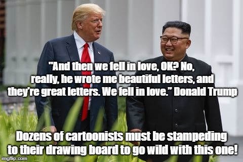 Donald Trump and Kim Jong Un | "And then we fell in love, OK? No, really, he wrote me beautiful letters, and theyâ€™re great letters. We fell in love.â€ Donald Trump Dozens o | image tagged in donald trump and kim jong un | made w/ Imgflip meme maker