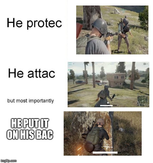 he protec | HE PUT IT ON HIS BAC | image tagged in he protec | made w/ Imgflip meme maker