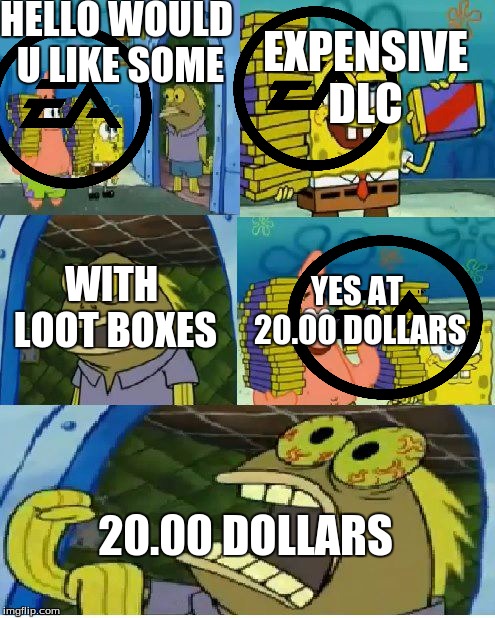 Chocolate Spongebob | HELLO WOULD U LIKE SOME; EXPENSIVE DLC; WITH LOOT BOXES; YES AT 20.00 DOLLARS; 20.00 DOLLARS | image tagged in memes,chocolate spongebob | made w/ Imgflip meme maker