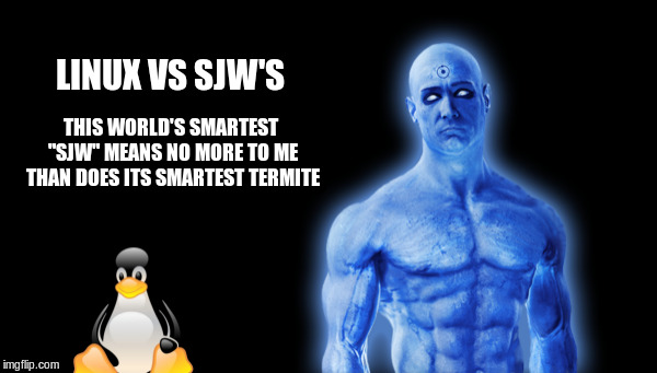 Linux | LINUX VS SJW'S; THIS WORLD'S SMARTEST "SJW" MEANS NO MORE TO ME THAN DOES ITS SMARTEST TERMITE | image tagged in linux swj | made w/ Imgflip meme maker