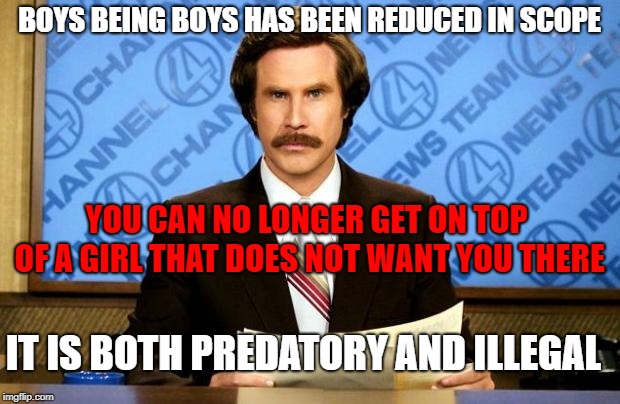 BREAKING NEWS | BOYS BEING BOYS HAS BEEN REDUCED IN SCOPE; YOU CAN NO LONGER GET ON TOP OF A GIRL THAT DOES NOT WANT YOU THERE; IT IS BOTH PREDATORY AND ILLEGAL | image tagged in breaking news,sexual assault,sexual harassment,girls,polite,boys | made w/ Imgflip meme maker