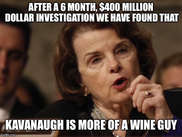 Feinstein | AFTER A 6 MONTH, $400 MILLION DOLLAR INVESTIGATION WE HAVE FOUND THAT; KAVANAUGH IS MORE OF A WINE GUY | image tagged in feinstein | made w/ Imgflip meme maker