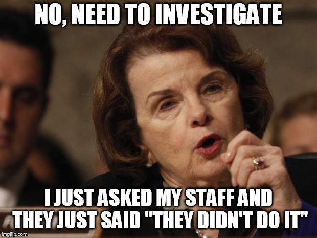 Feinstein | NO, NEED TO INVESTIGATE; I JUST ASKED MY STAFF AND THEY JUST SAID "THEY DIDN'T DO IT" | image tagged in feinstein | made w/ Imgflip meme maker