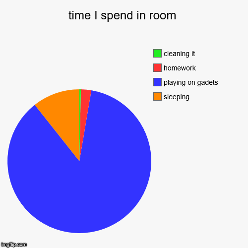 time I spend in room | sleeping, playing on gadets, homework, cleaning it | image tagged in funny,pie charts | made w/ Imgflip chart maker