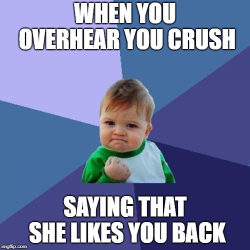 Success Kid | WHEN YOU OVERHEAR YOU CRUSH; SAYING THAT SHE LIKES YOU BACK | image tagged in memes,success kid | made w/ Imgflip meme maker
