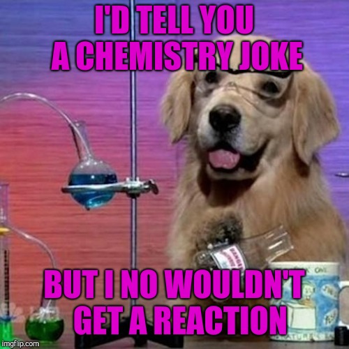 I Have No Idea What I Am Doing Dog Meme | I'D TELL YOU A CHEMISTRY JOKE; BUT I NO WOULDN'T  GET A REACTION | image tagged in memes,i have no idea what i am doing dog | made w/ Imgflip meme maker