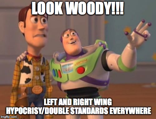 X, X Everywhere | LOOK WOODY!!! LEFT AND RIGHT WING HYPOCRISY/DOUBLE STANDARDS EVERYWHERE | image tagged in x x everywhere | made w/ Imgflip meme maker