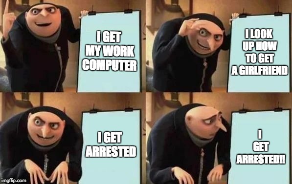 This is like me, i don't get arrested, but it never works | I GET MY WORK COMPUTER; I LOOK UP HOW TO GET A GIRLFRIEND; I GET ARRESTED; I GET ARRESTED!! | image tagged in gru's plan | made w/ Imgflip meme maker