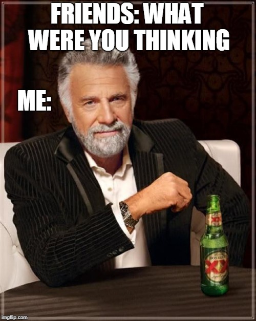 The Most Interesting Man In The World Meme | FRIENDS: WHAT WERE YOU THINKING; ME: | image tagged in memes,the most interesting man in the world | made w/ Imgflip meme maker