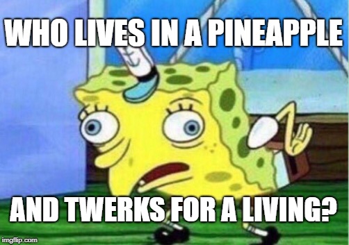 Mocking Spongebob | WHO LIVES IN A PINEAPPLE; AND TWERKS FOR A LIVING? | image tagged in memes,mocking spongebob | made w/ Imgflip meme maker