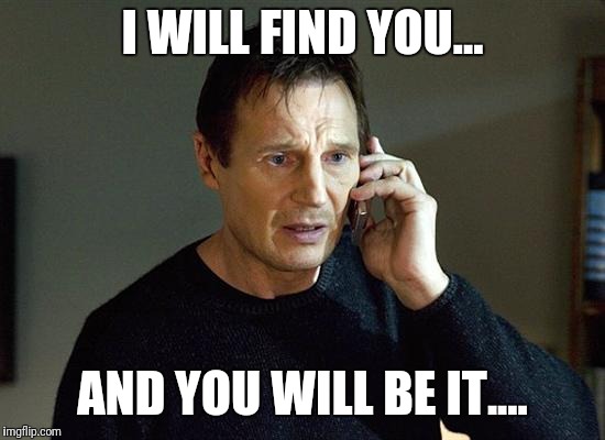 liam neeson | I WILL FIND YOU... AND YOU WILL BE IT.... | image tagged in liam neeson | made w/ Imgflip meme maker