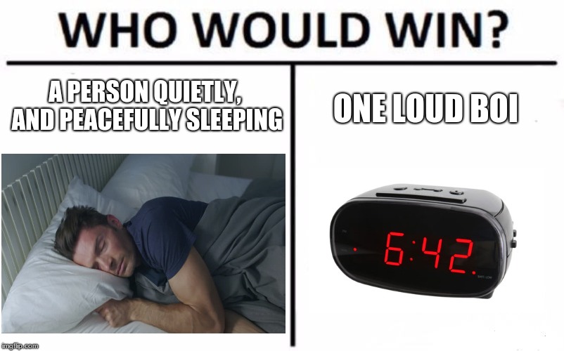 A PERSON QUIETLY, AND PEACEFULLY SLEEPING; ONE LOUD BOI | image tagged in who would win,alarm clocks | made w/ Imgflip meme maker