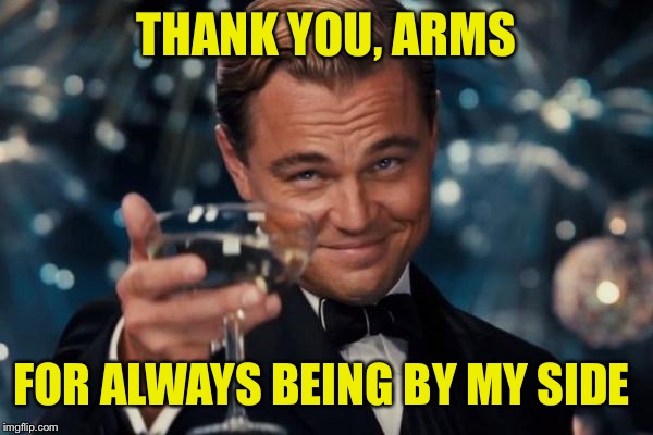I’ve got another bad pun for ya! | THANK YOU, ARMS; FOR ALWAYS BEING BY MY SIDE | image tagged in memes,leonardo dicaprio cheers | made w/ Imgflip meme maker
