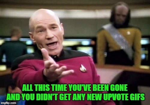 Picard Wtf Meme | ALL THIS TIME YOU'VE BEEN GONE AND YOU DIDN'T GET ANY NEW UPVOTE GIFS | image tagged in memes,picard wtf | made w/ Imgflip meme maker